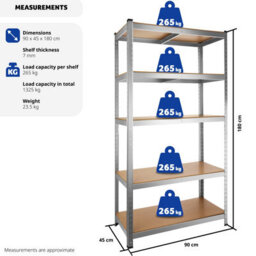 Tectake Garage Shelving - Heavy-Duty Galvanised Steel Frame, Height-Adjustable Shelves - 90 X 45 X 180 Cm - 1325 Kg - Silver - thumbnail 6