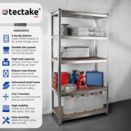 Tectake Garage Shelving - Heavy-Duty Galvanised Steel Frame, Height-Adjustable Shelves - 90 X 45 X 180 Cm - 1325 Kg - Silver - thumbnail 2