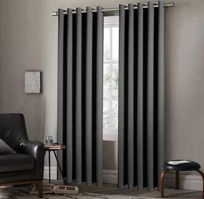 Pair Grey Eyelet Blackout Curtains Thermal Lined With Tie Backs 46 X 54 Inch - image 1