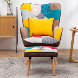 Living And Home Colorful Wing Back Armchair And Footstool Set,patchwork Linen Upholstered Accent Chair Sofa Chair With Ottoman And Pillow - thumbnail 2