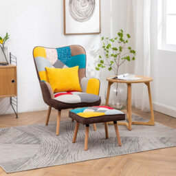 Living And Home Colorful Wing Back Armchair And Footstool Set,patchwork Linen Upholstered Accent Chair Sofa Chair With Ottoman And Pillow - thumbnail 1