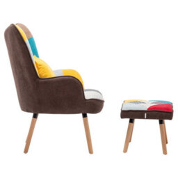 Living And Home Colorful Wing Back Armchair And Footstool Set,patchwork Linen Upholstered Accent Chair Sofa Chair With Ottoman And Pillow - thumbnail 4
