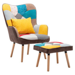 Living And Home Colorful Wing Back Armchair And Footstool Set,patchwork Linen Upholstered Accent Chair Sofa Chair With Ottoman And Pillow - thumbnail 3