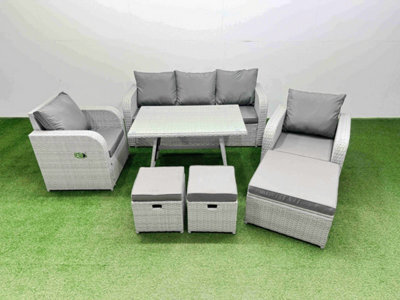 Fimous Reclining Chair 3 Seat Sofa Set Garden Furniture Set With Rectangular Dining Table 3 Footstools Light Grey - image 1