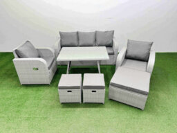 Fimous Reclining Chair 3 Seat Sofa Set Garden Furniture Set With Rectangular Dining Table 3 Footstools Light Grey - thumbnail 2