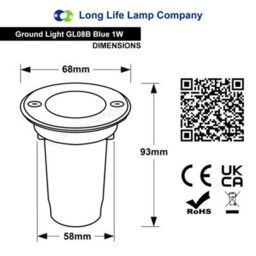 Long Life Lamps Company 1W Led Recessed Outdoor Ground Light Round Blue Brushed Chrome Walkover Uplighter Gl08B - thumbnail 2