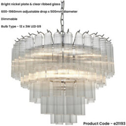Loops Multi Arm Hanging Ceiling Pendant Light - Bright Nickel Plate & Clear Ribbed Glass - 12 X 3W Led G9 - thumbnail 2