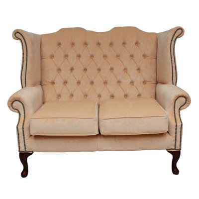 Chesterfield 2 Seater High Back Wing Sofa Chair Velluto Vanilla Fabric In Queen Anne Style - image 1