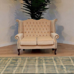 Chesterfield 2 Seater High Back Wing Sofa Chair Velluto Vanilla Fabric In Queen Anne Style - thumbnail 4