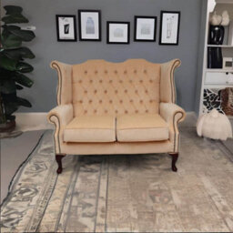 Chesterfield 2 Seater High Back Wing Sofa Chair Velluto Vanilla Fabric In Queen Anne Style - thumbnail 3