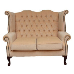 Chesterfield 2 Seater High Back Wing Sofa Chair Velluto Vanilla Fabric In Queen Anne Style - thumbnail 1