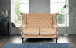Chesterfield 2 Seater High Back Wing Sofa Chair Velluto Vanilla Fabric In Queen Anne Style - thumbnail 2