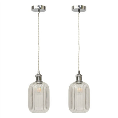 First Choice Lighting Set Of 2 Batley - Clear Ribbed Glass Chrome Retro Pendant Fittings - image 1