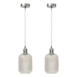 First Choice Lighting Set Of 2 Batley - Clear Ribbed Glass Chrome Retro Pendant Fittings - thumbnail 1