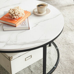 Songmics Modern Round Coffee Table, Faux Marble Living Room Centerpiece, Big, Tempered Glass Storage Shelf, Marble White & Black - thumbnail 5