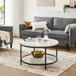 Modern Round Coffee Table, Faux Marble Living Room Centerpiece, Big, Tempered Glass Storage Shelf, Marble White & Black