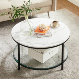 Songmics Modern Round Coffee Table, Faux Marble Living Room Centerpiece, Big, Tempered Glass Storage Shelf, Marble White & Black - thumbnail 4