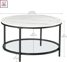 Songmics Modern Round Coffee Table, Faux Marble Living Room Centerpiece, Big, Tempered Glass Storage Shelf, Marble White & Black - thumbnail 2