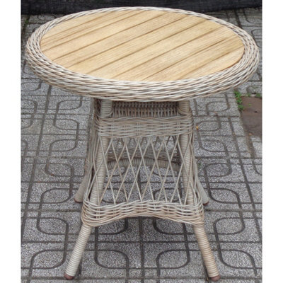 Wyld Haus Santorini Round Cream Wicker Side Table With Wooden Top, 700mm Diameter - image 1