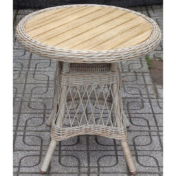 Wyld Haus Santorini Round Cream Wicker Side Table With Wooden Top, 700mm Diameter - thumbnail 1