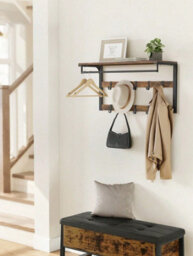 Songmics Vasagle Wall-Mounted Coat Rack, Wall Shelf With 10 Removable Hooks, Clothes Rail, Coat Hooks With Shelf, Rustic Brown And Black