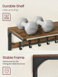 Songmics Vasagle Wall-Mounted Coat Rack, Wall Shelf With 10 Removable Hooks, Clothes Rail, Coat Hooks With Shelf, Rustic Brown And Black - thumbnail 3