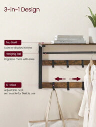 Songmics Vasagle Wall-Mounted Coat Rack, Wall Shelf With 10 Removable Hooks, Clothes Rail, Coat Hooks With Shelf, Rustic Brown And Black - thumbnail 2