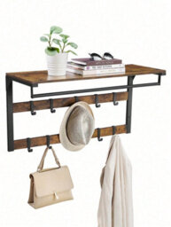 Songmics Vasagle Wall-Mounted Coat Rack, Wall Shelf With 10 Removable Hooks, Clothes Rail, Coat Hooks With Shelf, Rustic Brown And Black - thumbnail 7