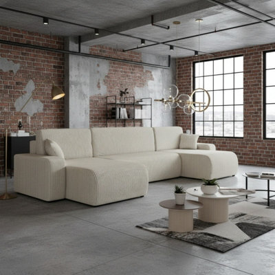 Piano U Shape Corner Sofa Bed Soft Corduroy Fabric Settee With Sleep Function Storage Large 3 Seater Cream - image 1