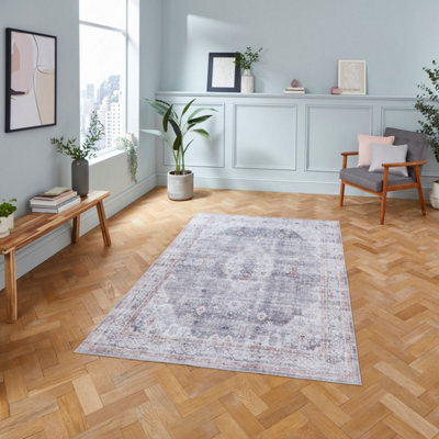 Grey Traditional Bordered Geometric Rug Easy To Clean Living Room And Bedroom-150Cm X 230Cm - image 1