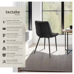 Tectake Set Of 4 Dining Chair Monroe - Padded, Velvet Look, Ergonomic Seat, Black Steel Legs  - Black - thumbnail 2