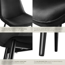 Tectake Set Of 4 Dining Chair Monroe - Padded, Velvet Look, Ergonomic Seat, Black Steel Legs  - Black - thumbnail 5