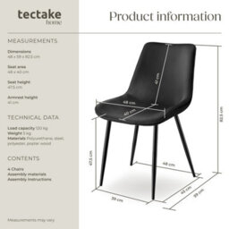 Tectake Set Of 4 Dining Chair Monroe - Padded, Velvet Look, Ergonomic Seat, Black Steel Legs  - Black - thumbnail 6