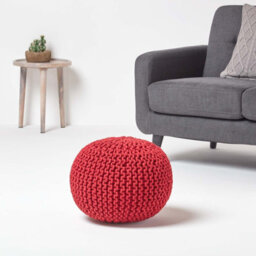 Homescapes Red Round Cotton Knitted Pouffe Footstool - thumbnail 2