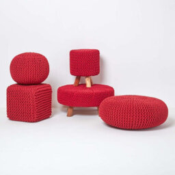 Homescapes Red Round Cotton Knitted Pouffe Footstool - thumbnail 5