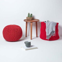 Homescapes Red Round Cotton Knitted Pouffe Footstool - thumbnail 6