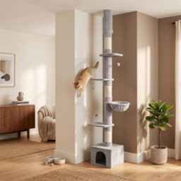 Pawhut Floor To Ceiling Cat Tree, 230-250Cm Multi-Level Cat Tower Light Grey - thumbnail 8