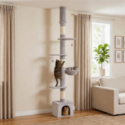Pawhut Floor To Ceiling Cat Tree, 230-250Cm Multi-Level Cat Tower Light Grey - thumbnail 1