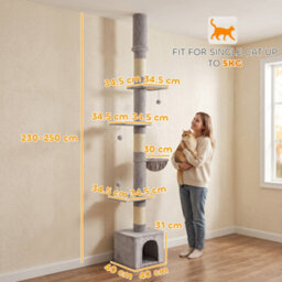 Pawhut Floor To Ceiling Cat Tree, 230-250Cm Multi-Level Cat Tower Light Grey - thumbnail 3