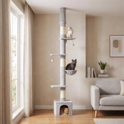 Pawhut Floor To Ceiling Cat Tree, 230-250Cm Multi-Level Cat Tower Light Grey - thumbnail 2