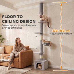 Pawhut Floor To Ceiling Cat Tree, 230-250Cm Multi-Level Cat Tower Light Grey - thumbnail 4