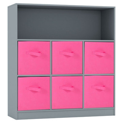 Urbn-Living Urbnliving Height 94Cm Wooden Wide Grey 7 Cube Bookcase With Dark Pink 6 Drawers Baskets Storage Unit Shelves - image 1