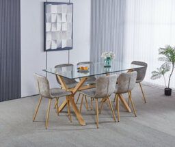 Hallowood Furniture Cullompton Dining Table Glass Top With 6 Taupe Faux Leather Chairs, Oak Effect Legs - thumbnail 1
