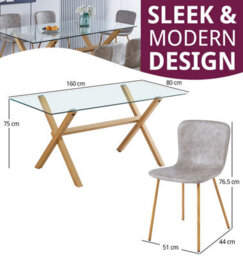 Hallowood Furniture Cullompton Dining Table Glass Top With 6 Taupe Faux Leather Chairs, Oak Effect Legs - thumbnail 3