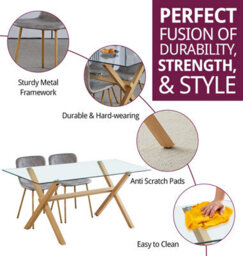 Hallowood Furniture Cullompton Dining Table Glass Top With 6 Taupe Faux Leather Chairs, Oak Effect Legs - thumbnail 2