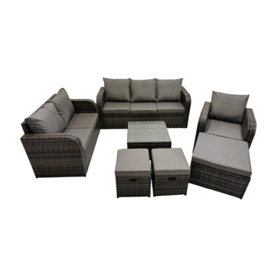 Fimous 3 Seater Sofa Reclining Chair Coffee Table Set Rattan Garden Outdoor Furniture Set With 3 Stool Dark Grey Mixed - image 1