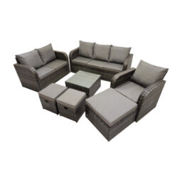 Fimous 3 Seater Sofa Reclining Chair Coffee Table Set Rattan Garden Outdoor Furniture Set With 3 Stool Dark Grey Mixed - thumbnail 2