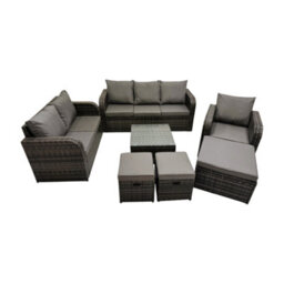 Fimous 3 Seater Sofa Reclining Chair Coffee Table Set Rattan Garden Outdoor Furniture Set With 3 Stool Dark Grey Mixed - thumbnail 1