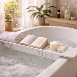 Bathroom Bathtub Caddy Tray Adjustable 57 To 86Cm Plastic Expandable Bath Shelf With Drainage Anti Slip Handles Storage Rack - thumbnail 2