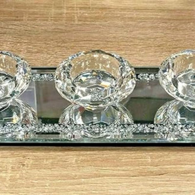 Biznest 3 Tea Light Holder Crystal Diamond Crush Silver Mirrored Glass Candle Holders